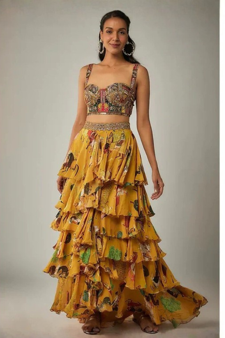 Mango Yellow Georgette Ruffled Lehenga Set