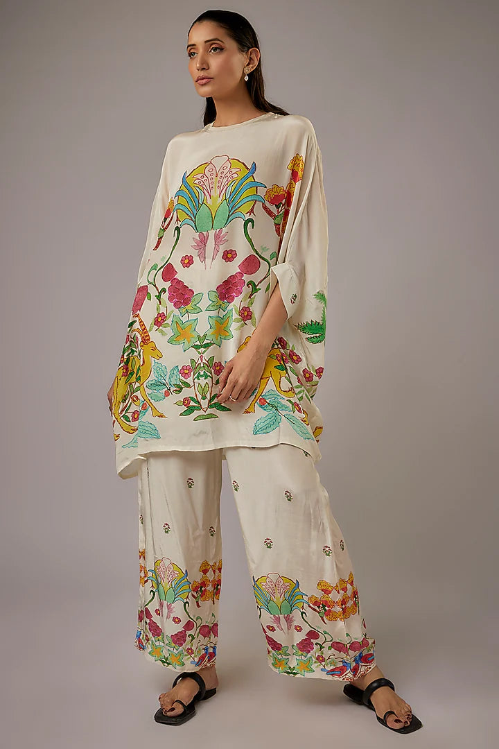 Ivory Crepe Printed Kaftan Set