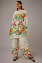 Ivory Crepe Printed Kaftan Set