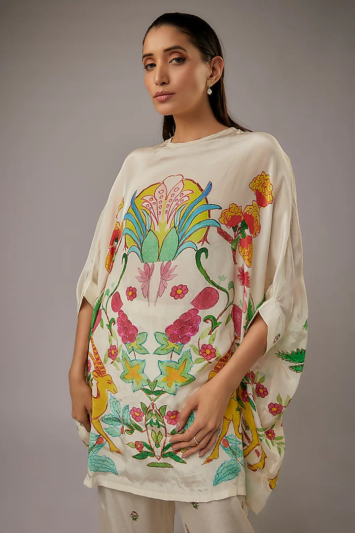 Ivory Crepe Printed Kaftan Set