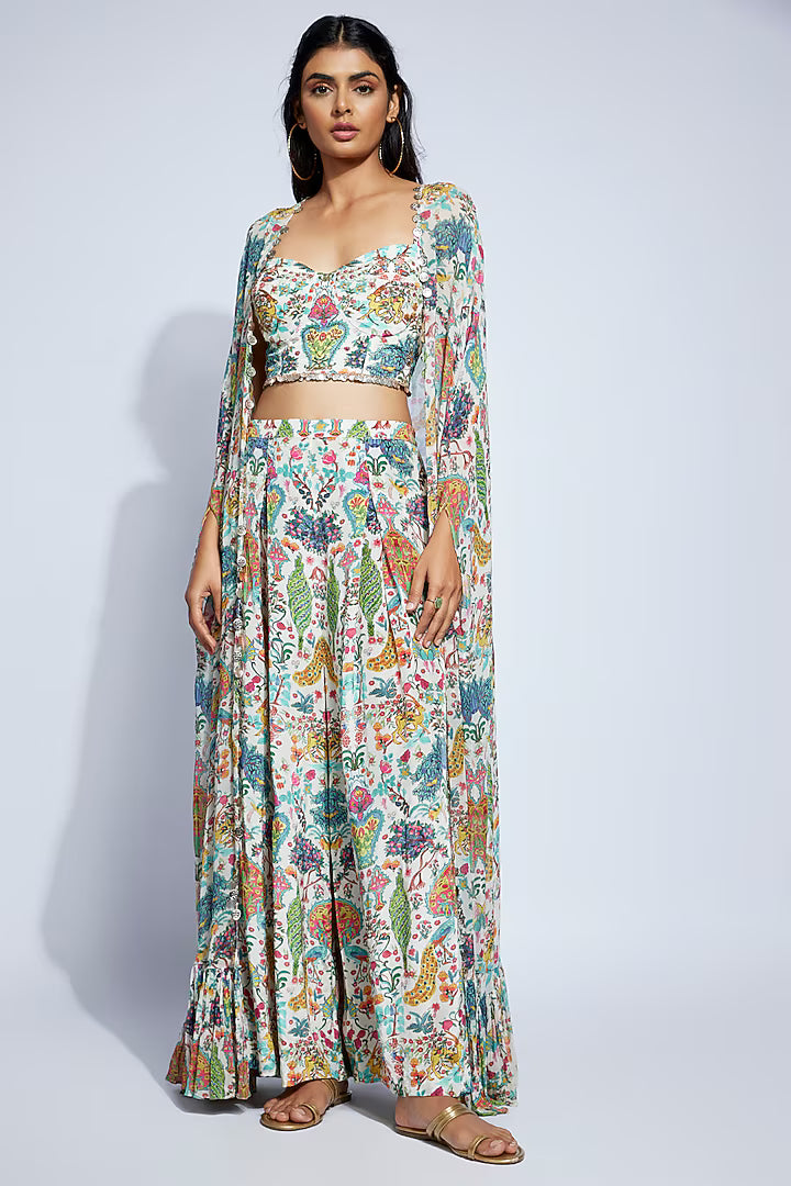 Ivory Georgette Mugal Printed Cape Set