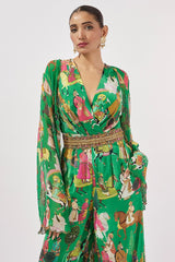Green Georgette & Crepe Hand Embroidered Jumpsuit