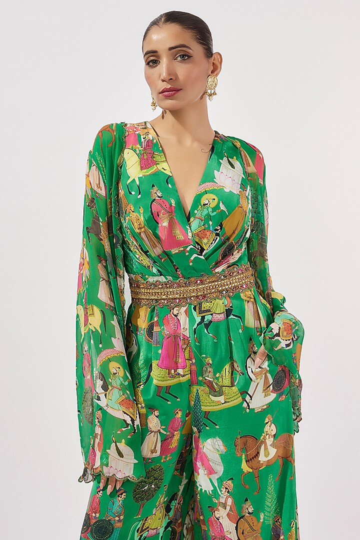 Green Georgette & Crepe Hand Embroidered Jumpsuit