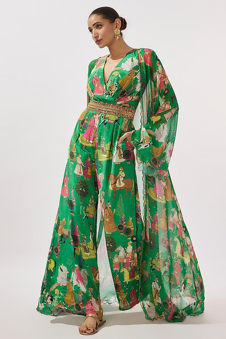 Green Georgette & Crepe Hand Embroidered Jumpsuit