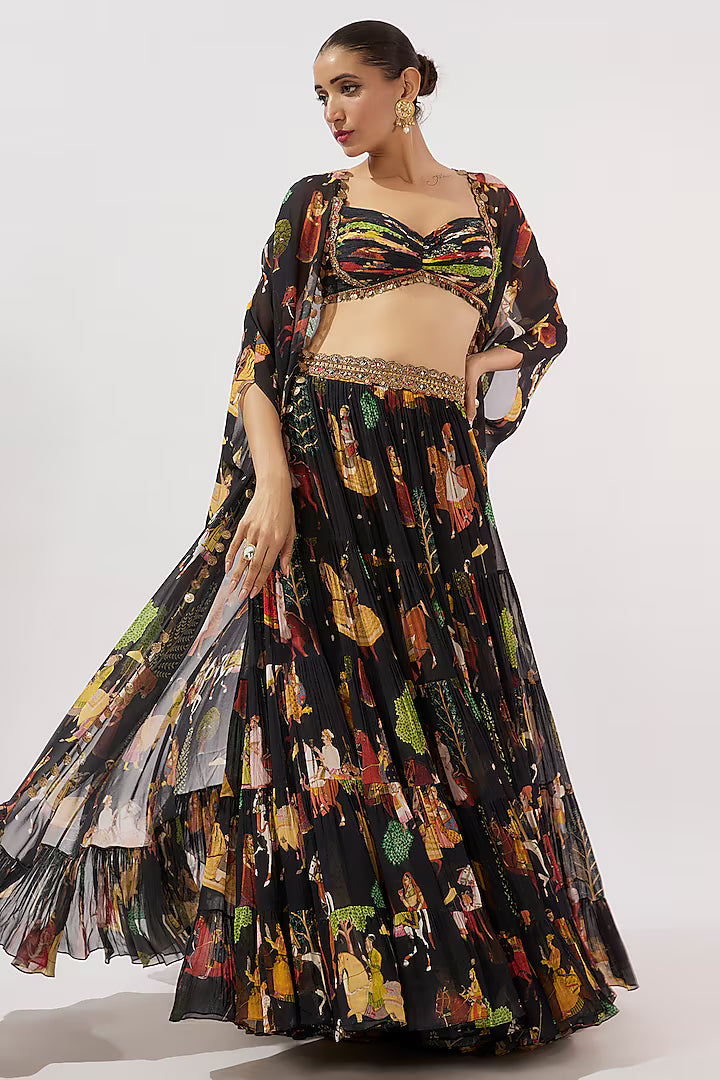 Black Georgette Hand Embroidered Flowy Lehenga Set
