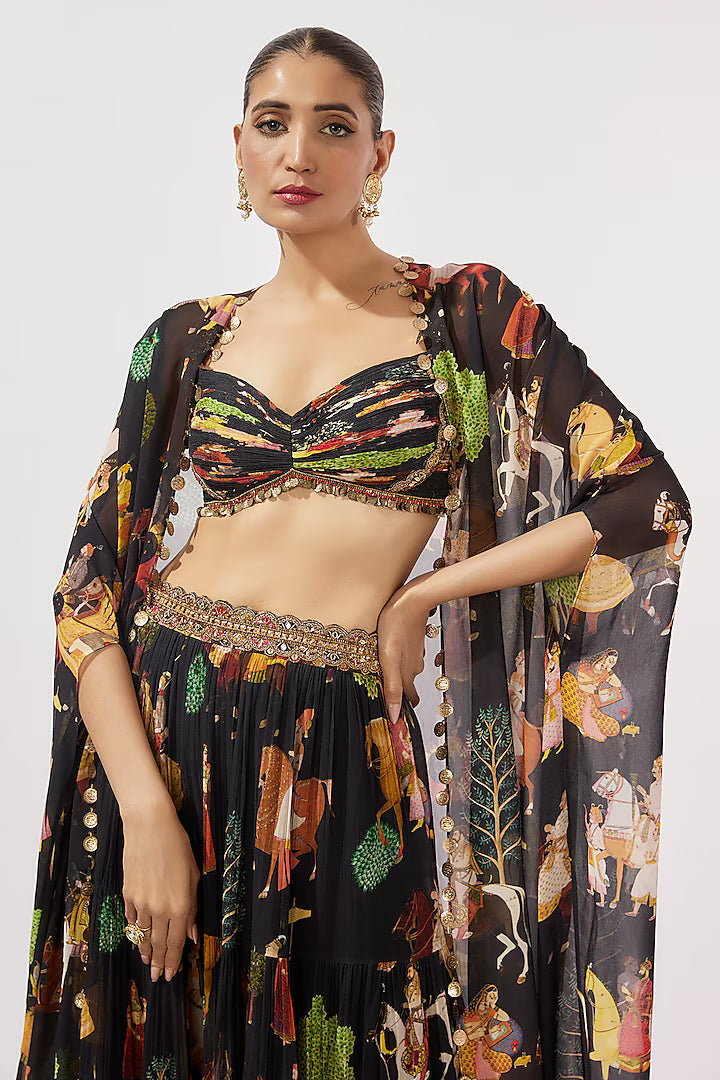 Black Georgette Hand Embroidered Flowy Lehenga Set