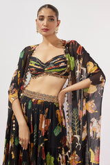 Black Georgette Hand Embroidered Flowy Lehenga Set