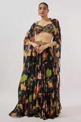 Black Georgette Hand Embroidered Flowy Lehenga Set