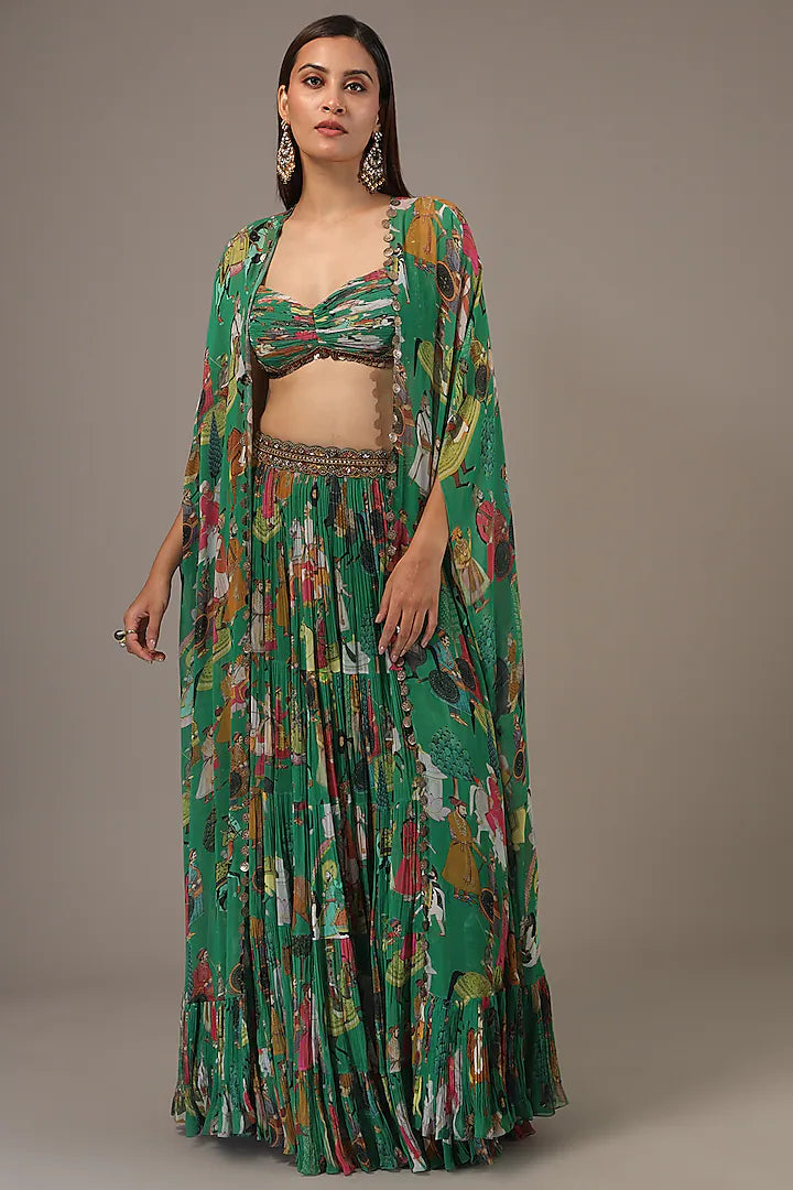 Green Georgette Hand Embroidered Jacket Lehenga Set