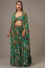 Green Georgette Hand Embroidered Jacket Lehenga Set
