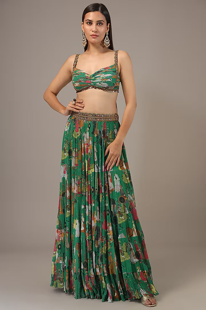 Green Georgette Hand Embroidered Jacket Lehenga Set