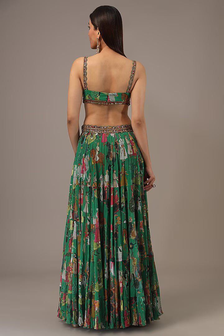 Green Georgette Hand Embroidered Jacket Lehenga Set