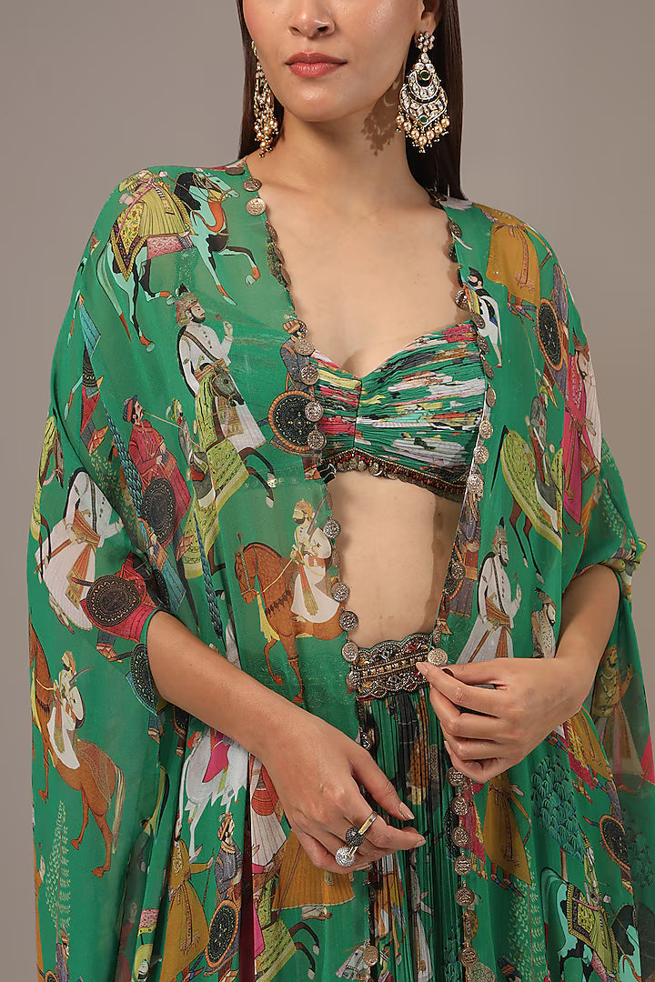 Green Georgette Hand Embroidered Jacket Lehenga Set