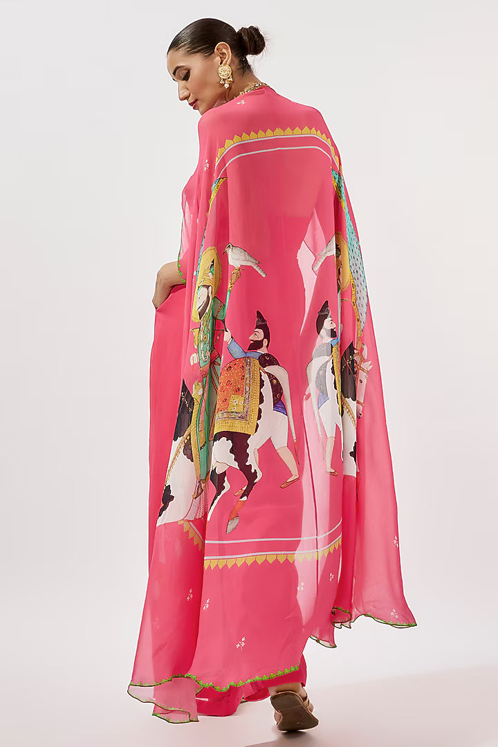 Fuchsia Georgette Hand Embroidered Jumpsuit