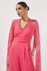 Fuchsia Georgette Hand Embroidered Jumpsuit