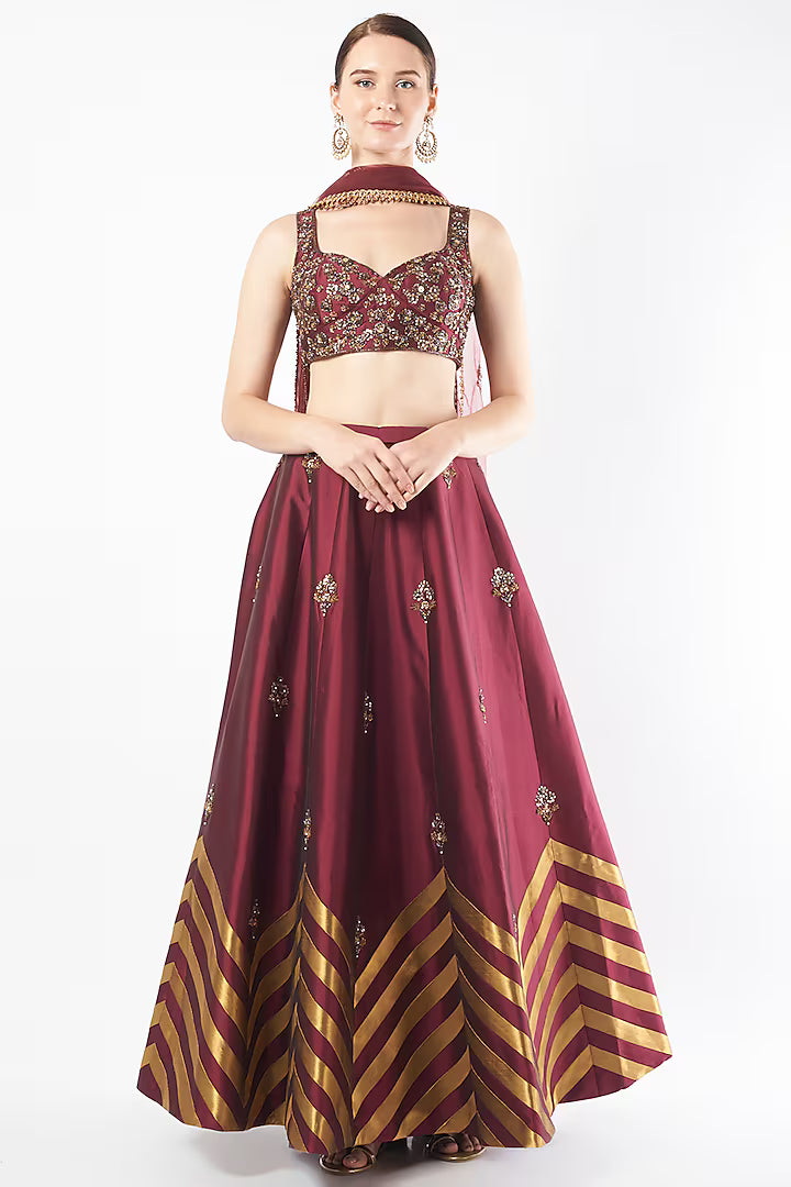 Wine Tafetta Embroidered Lehenga Set