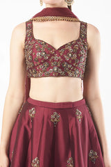 Wine Tafetta Embroidered Lehenga Set