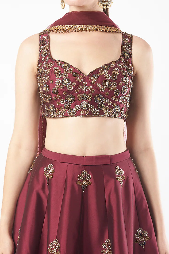 Wine Tafetta Embroidered Lehenga Set