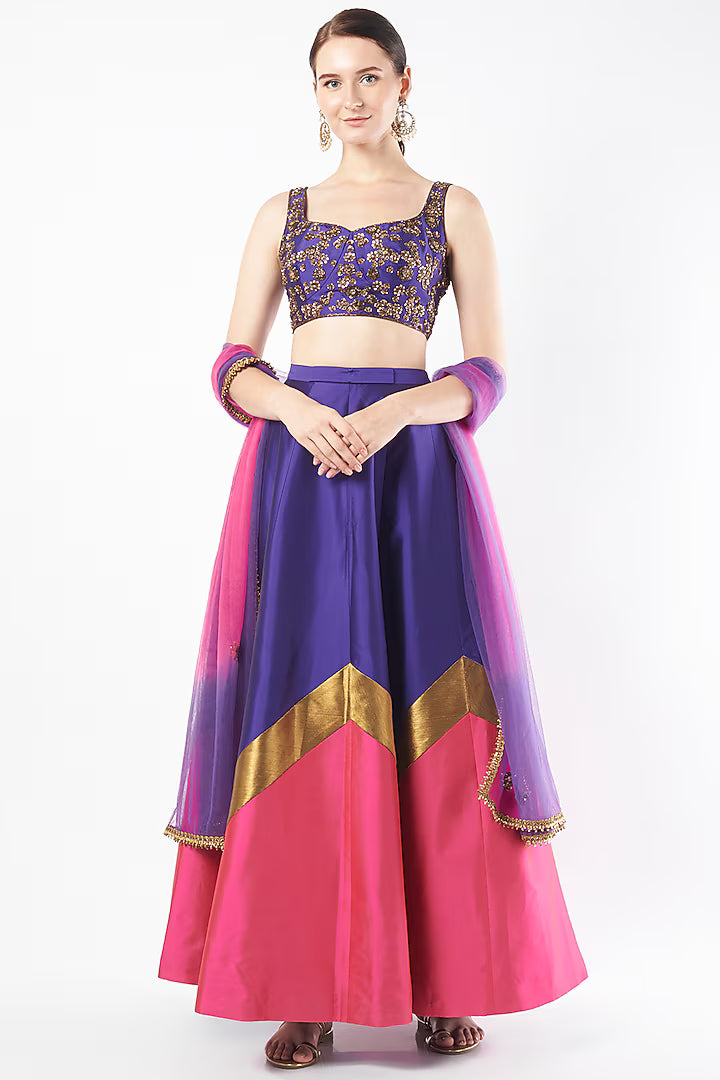 Violet & Fuschia Pink Tafetta Lehenga Set