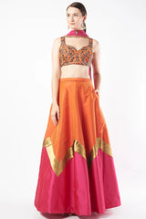 Orange & Fuschia Pink Taffeta Lehenga Set