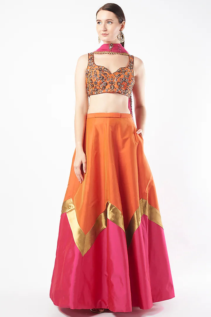 Orange & Fuschia Pink Taffeta Lehenga Set
