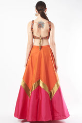 Orange & Fuschia Pink Taffeta Lehenga Set
