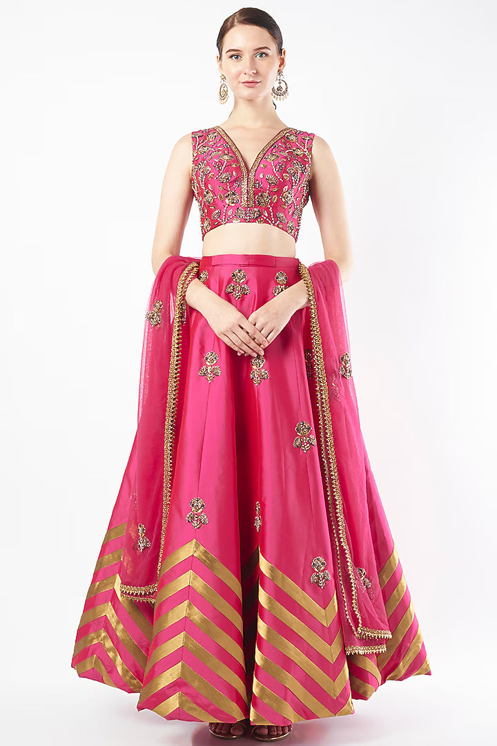 Fuschia Pink Tafetta Embroidered Lehenga Set