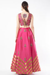 Fuschia Pink Tafetta Embroidered Lehenga Set