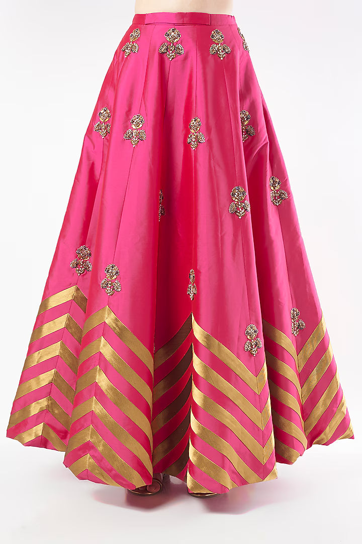 Fuschia Pink Tafetta Embroidered Lehenga Set