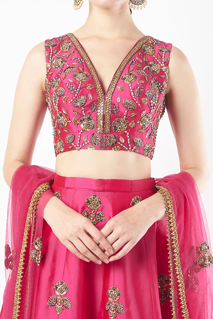 Fuschia Pink Tafetta Embroidered Lehenga Set