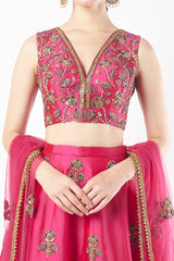 Fuschia Pink Tafetta Embroidered Lehenga Set