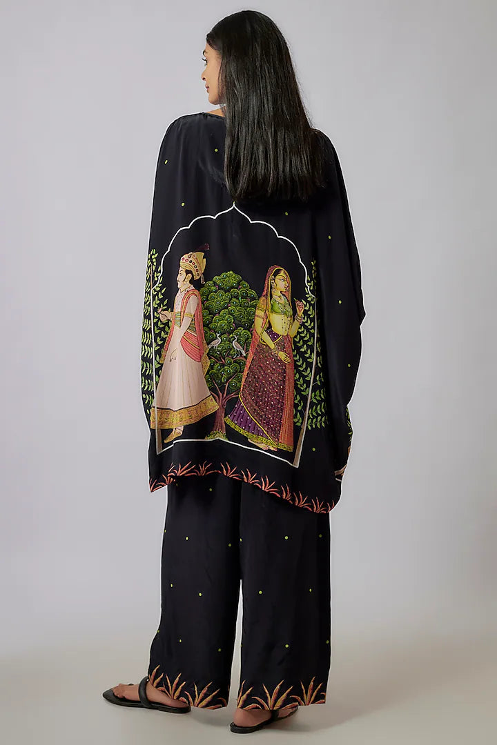 Black Crepe Printed Kaftan Set