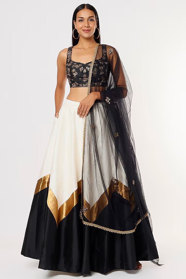White & Black Printed Lehenga Set