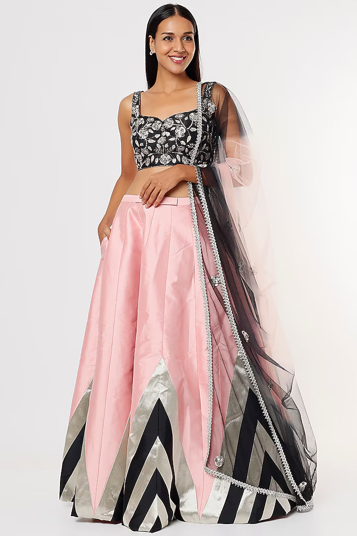 Pink & Black Inverted Chevron Printed Lehenga Set
