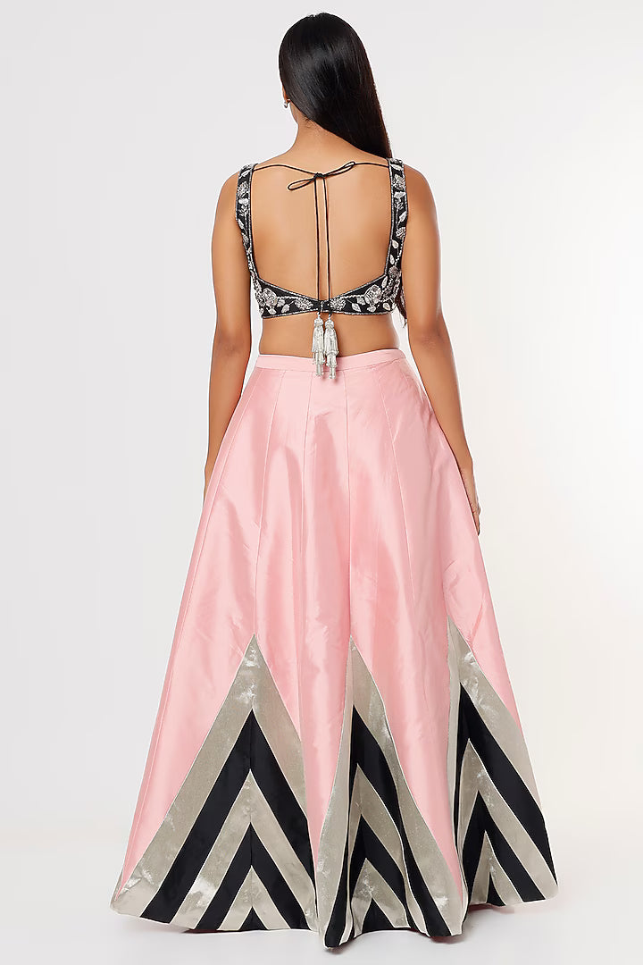 Pink & Black Inverted Chevron Printed Lehenga Set