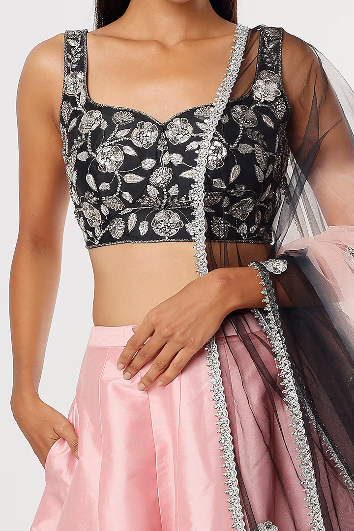 Pink & Black Inverted Chevron Printed Lehenga Set