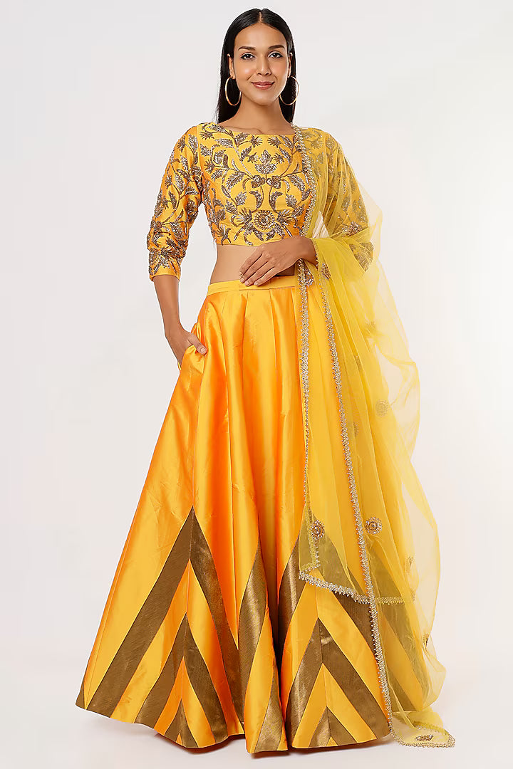 Yellow Taffeta Printed Lehenga Set