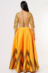 Yellow Taffeta Printed Lehenga Set