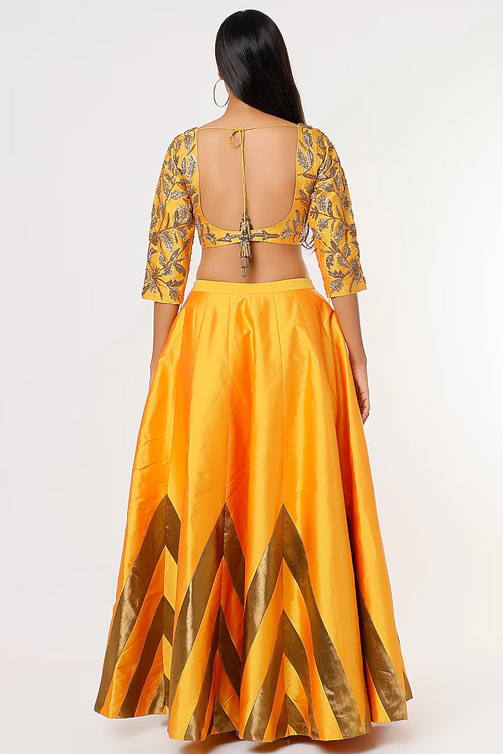 Yellow Taffeta Printed Lehenga Set