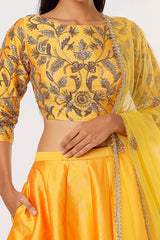 Yellow Taffeta Printed Lehenga Set