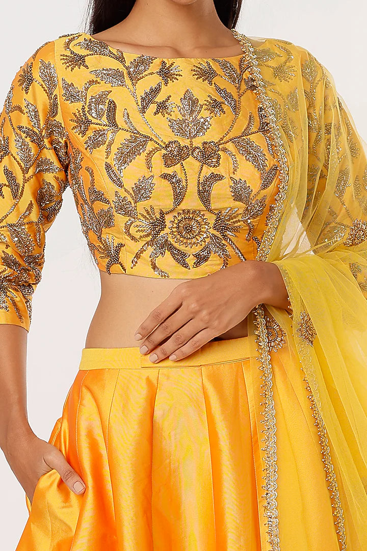 Yellow Taffeta Printed Lehenga Set