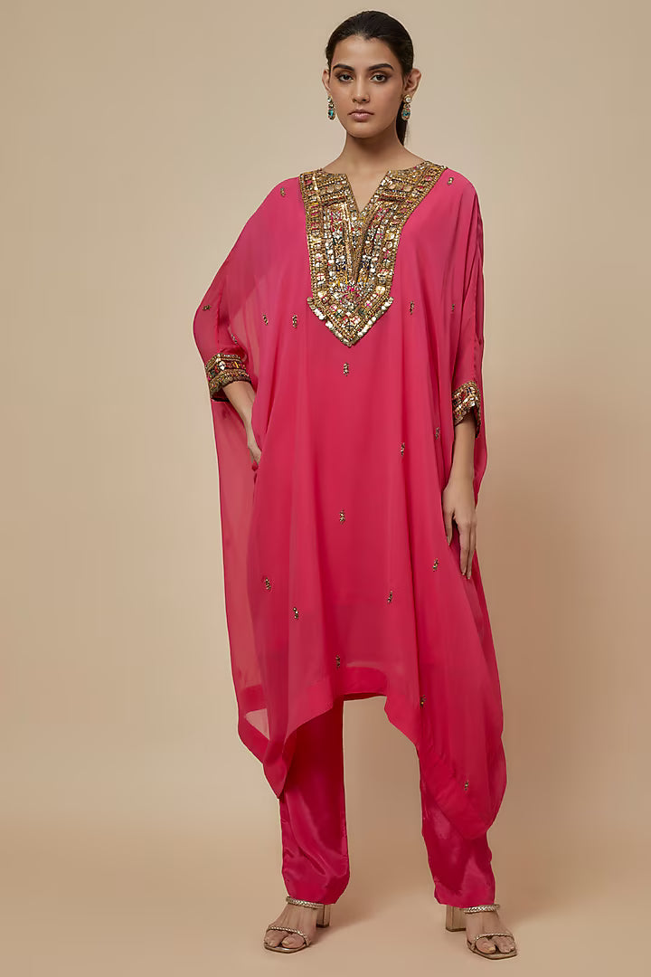 Pink Georgette Hand Embroidered Kaftan Set