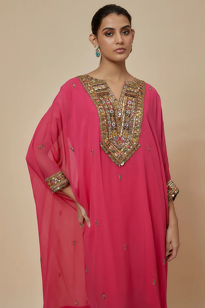 Pink Georgette Hand Embroidered Kaftan Set