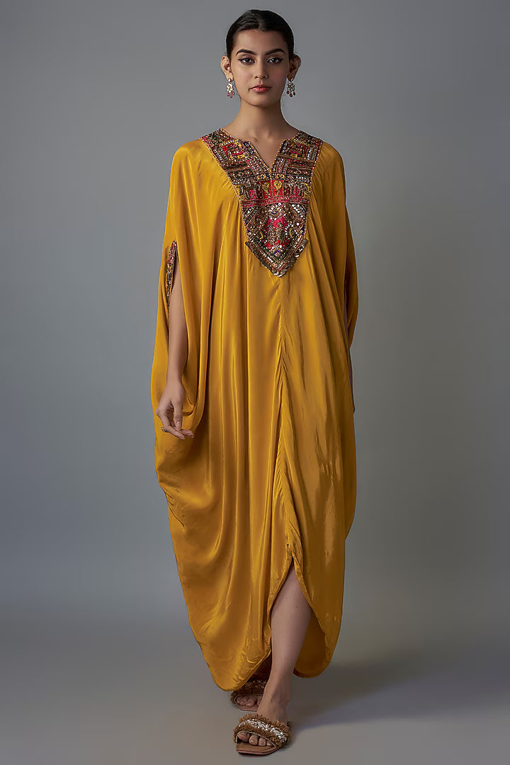 Yellow Crepe Patch Embroidered Kaftan