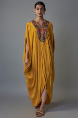 Yellow Crepe Patch Embroidered Kaftan