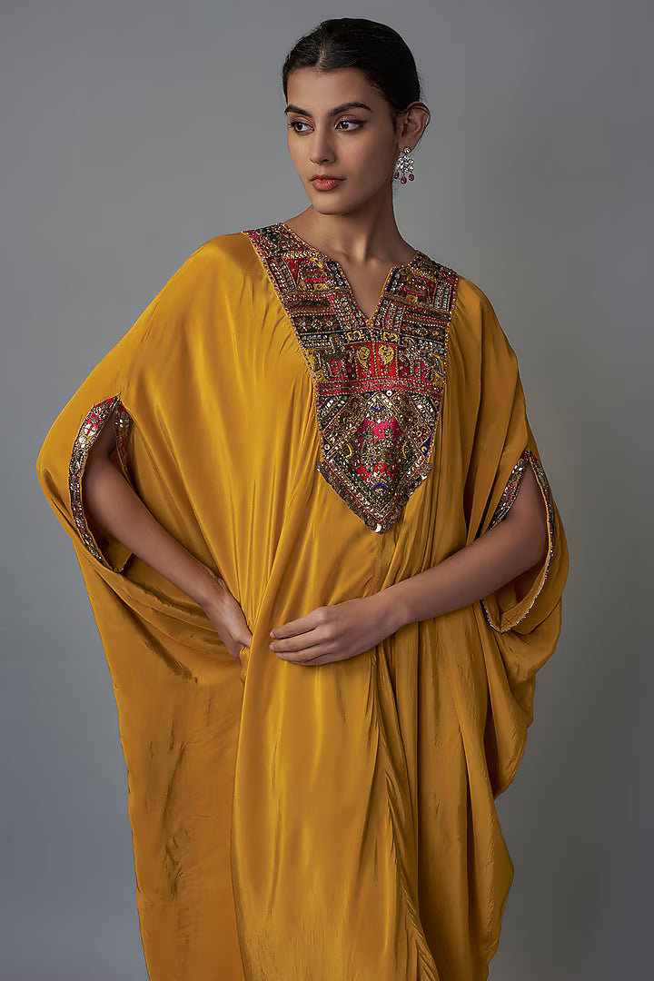 Yellow Crepe Patch Embroidered Kaftan