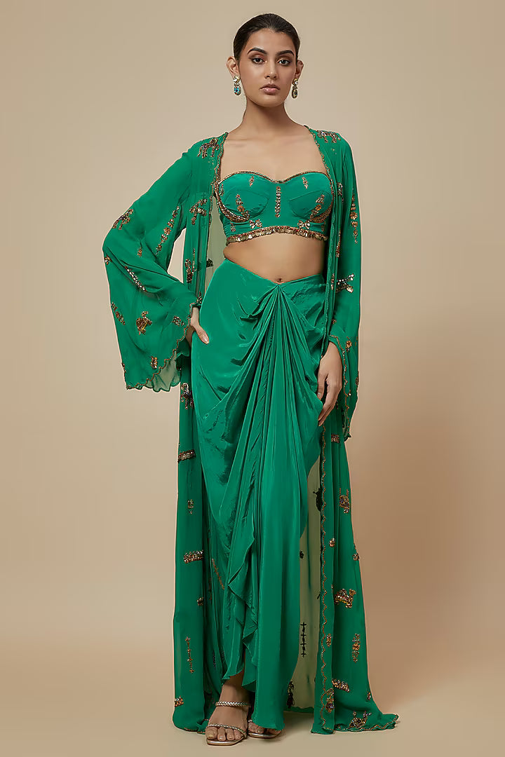 Green Crepe & Georgette Draped Skirt Set