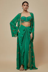 Green Crepe & Georgette Draped Skirt Set