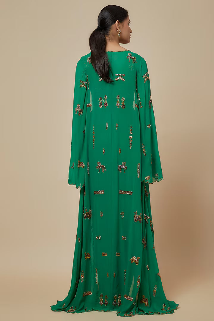 Green Crepe & Georgette Draped Skirt Set