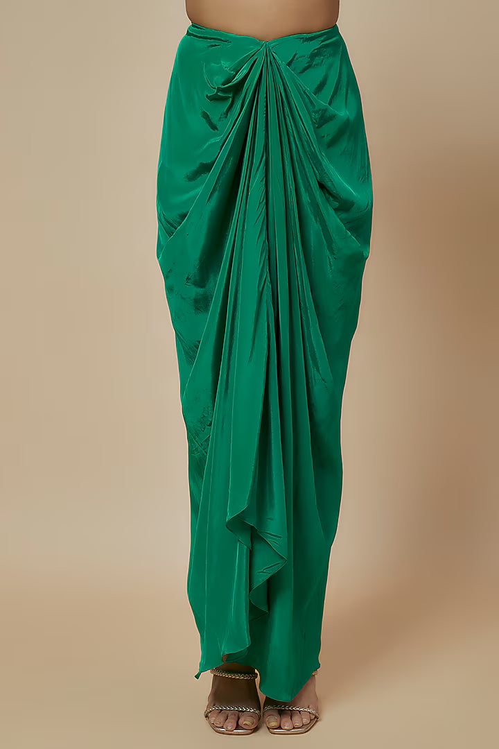 Green Crepe & Georgette Draped Skirt Set